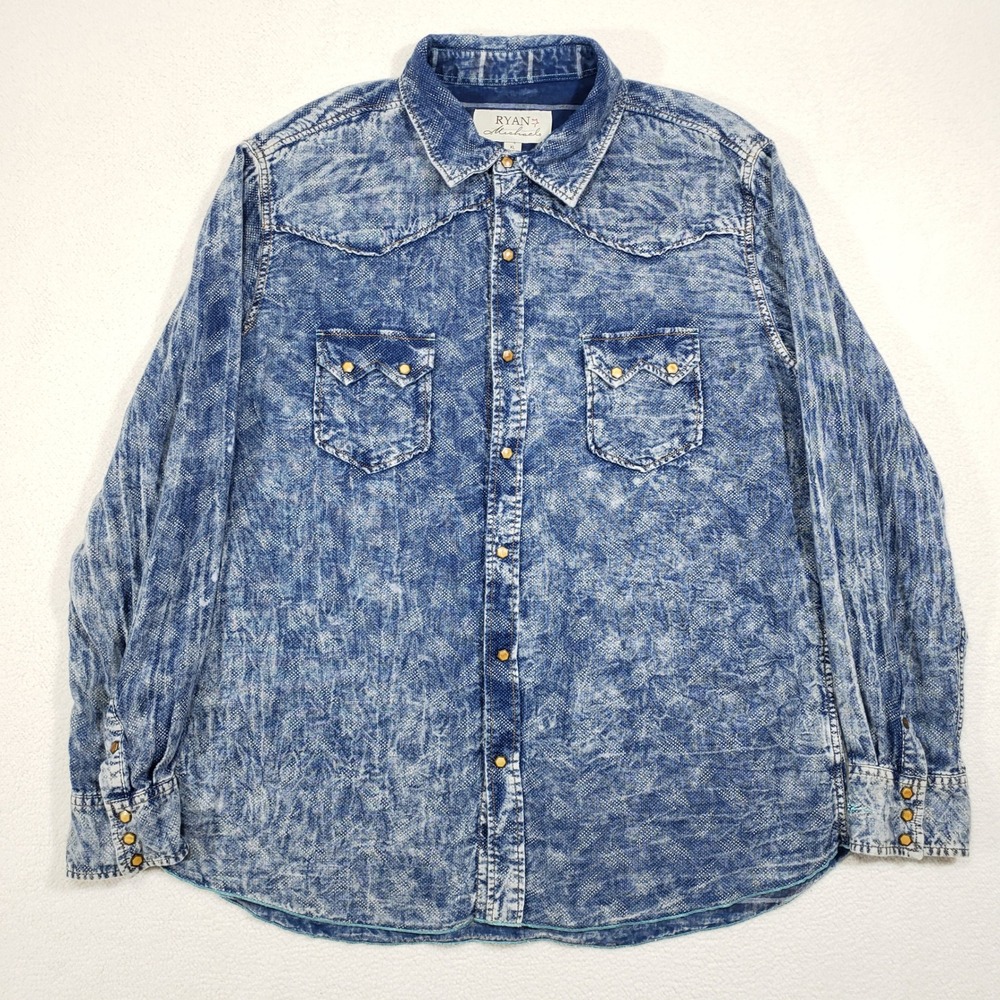 Ryan Michael Western Shirt Mens XL Blue Acid Wash Denim Pearl Snap Sawtooth
